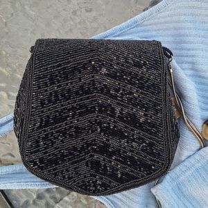 SAKS FIFTH AVENUE BLACK BEADED EVENING SHOULDER PURSE/MINI BAG